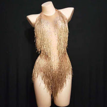 Load image into Gallery viewer, Flashing Gold Rhinestones Tassel Spandex Bodysuit Women's Birthday Party Evening Costume Stage Outfit Nightclub Dance Show Wear
